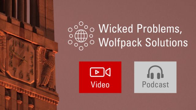 Wicked Problems, Wolfpack Solutions logo over Belltower background image, with "video" and "podcast" icons.