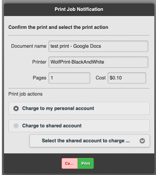 Print Job Notification window, indicating default account selection of "Charge to my personal account.". 