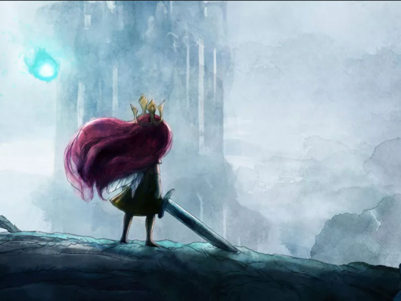 Girl with purple hair wearing a crown and holding a sword overlooking a structure in the distance shrouded by mist