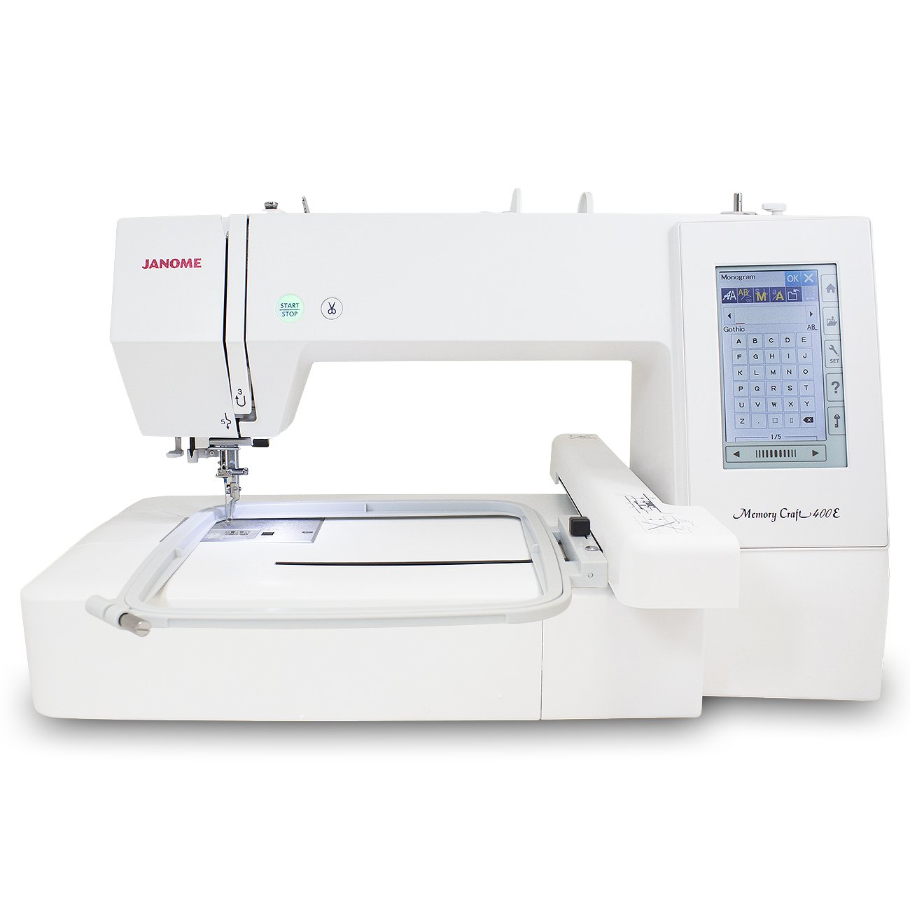 A Janome MemoryCraft 400E embroidery machine on a white background. 