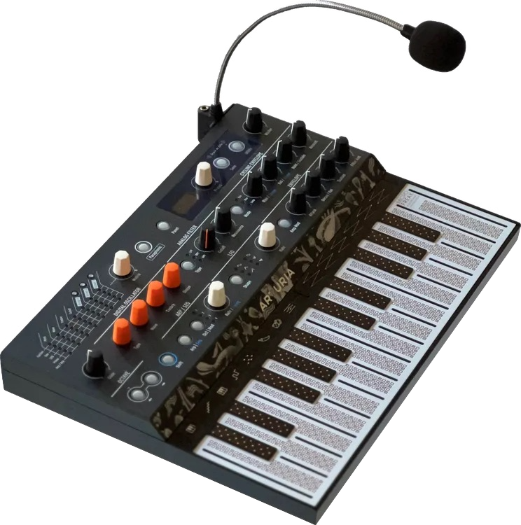 Black synthesizer with orange, black and white knobs, a gooseneck microphone, and patterned black and white keys