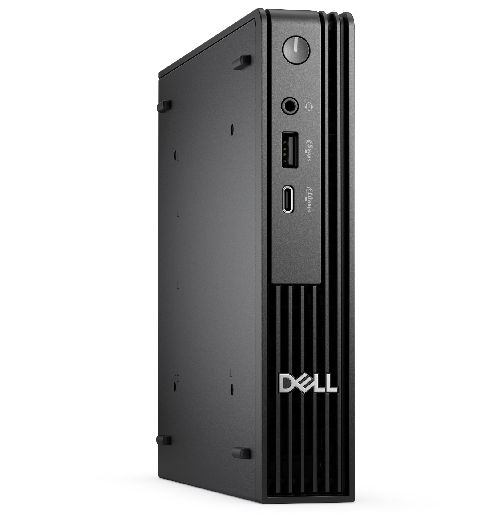 Small black computer tower with power button, audio jack, USB-A, and USB-C connections.
