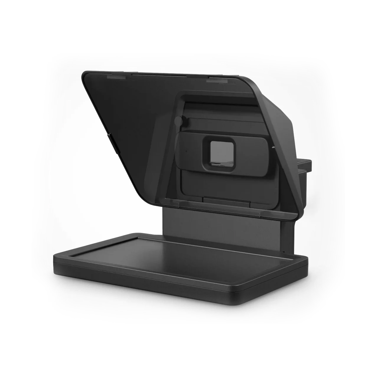 Black Elgato teleprompter, two black panels in an open clamshell configuration with indications of reflective and matte surfaces