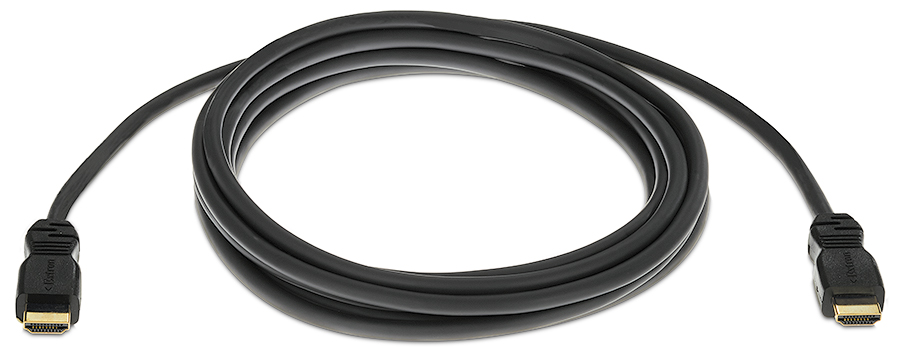 Coiled HDMI cable showing two male connectors.