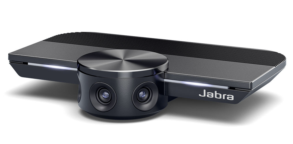 Black video conferencing camera with three cameras in a semi-circle attached to a flat body.