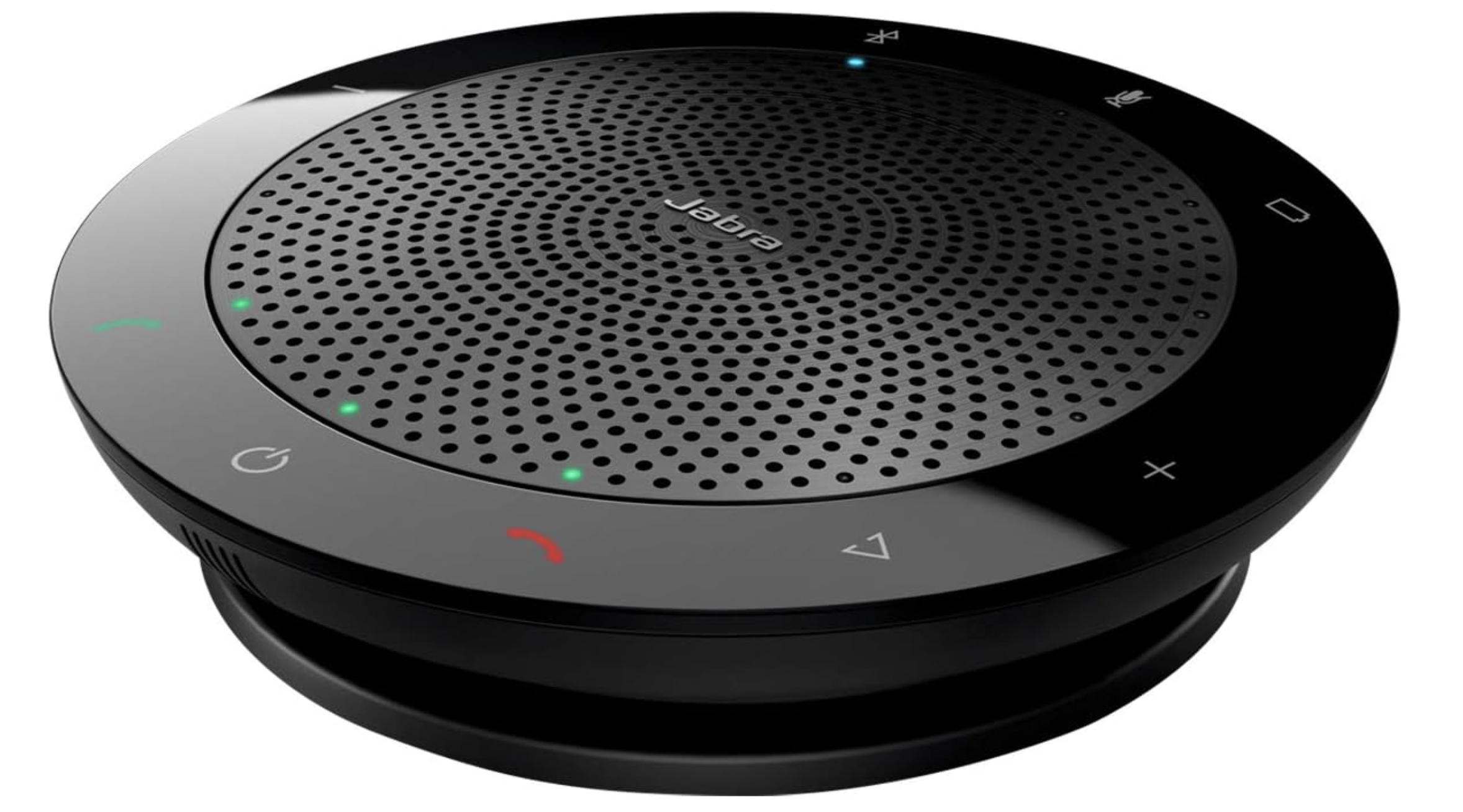 Black, round bluetooth speaker with touchpad buttons on the ring surrounding the central speaker.