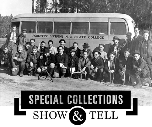 Forestry students with bus, black and white