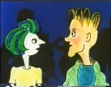 Cartoon of male and female looking at each other.
