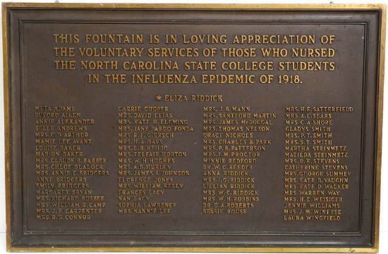 The University Archives includes this plaque honoring women who nursed NC State students during the 1918 influenza pandemic