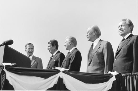 Presidents George H.W. Bush, Ronald Reagan, Jimmy Carter, Gerald Ford, and Richard Nixon