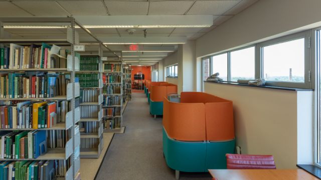 Large table with chairs overlooking exterior window with row of Brody carrels and bookshelves in the background.